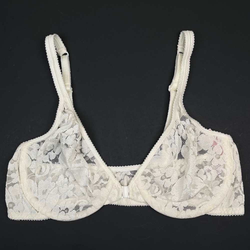 Vintage Victoria's Secret Lace Front Close Bra 36C Sheer White Unlined Underwire